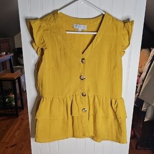 Hayden Mustard Ruffle-Sleeve Button Front Peplum Top